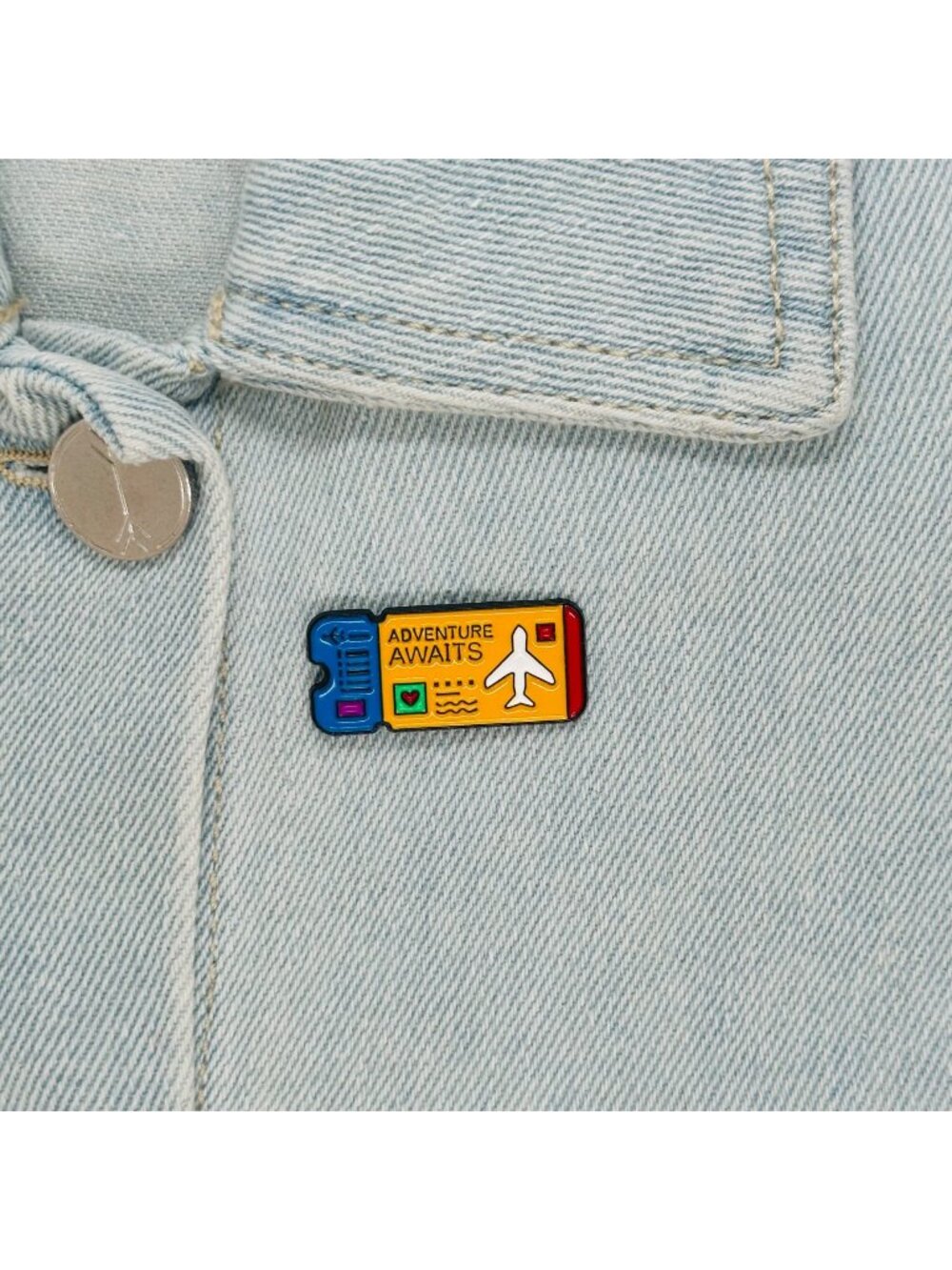 โญEnamel Pin Adventure Awaits Ticket Airplane Brooch Icon Cartoon Yellow New